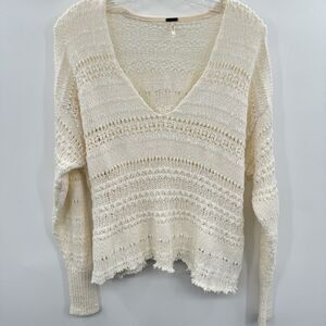 Free People Open Knit Slouchy Sweater Size XS Ivory Beachy Boho DIY V-Neck